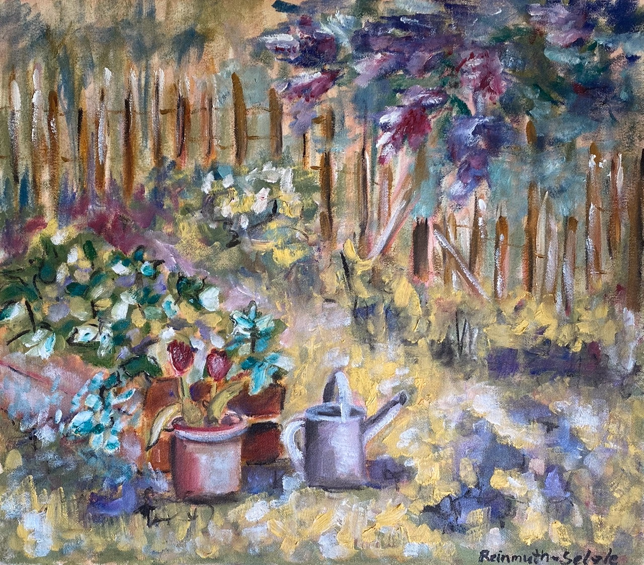 Frühling im Garten, Hochbeet, Giesskanne und Zaun