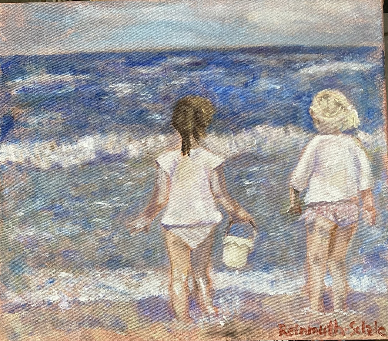 Mädchen am Strand spielend im impressionistischen Stil