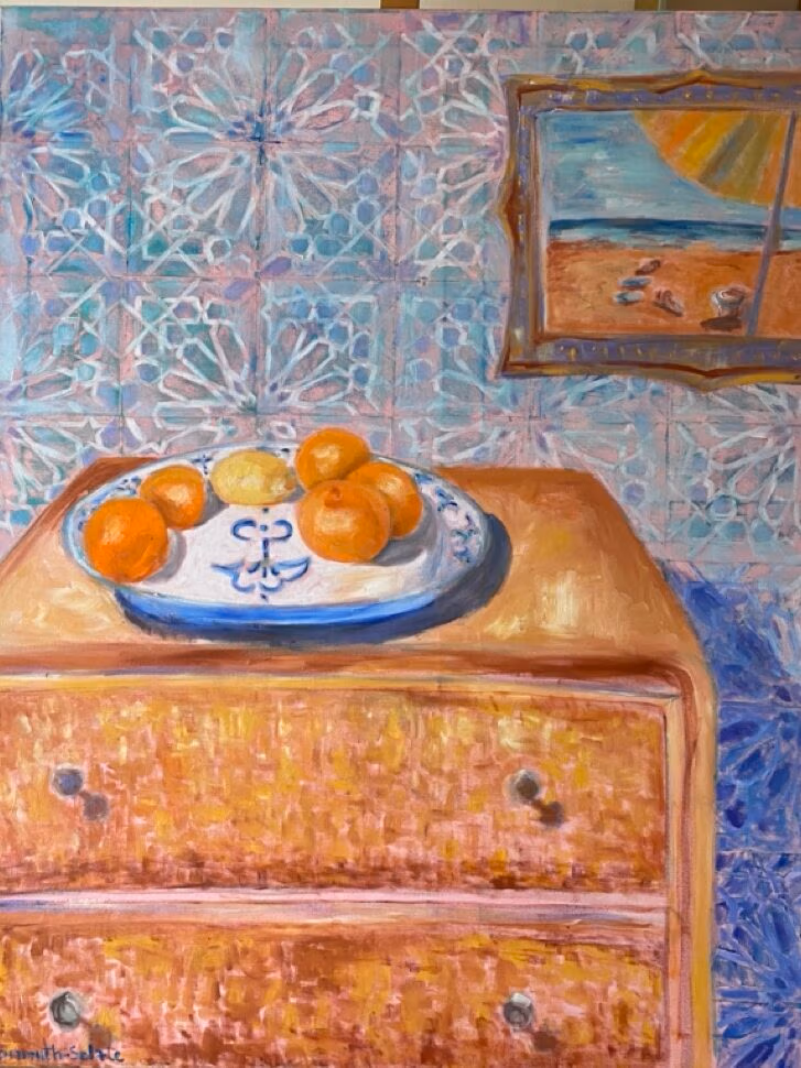 Mudejar-Fliesen, Orangen, Kommode und Strandbild, Erinnerungen der Künstlerin